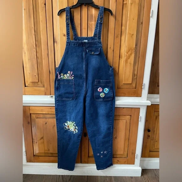 Denim Upcycled Enhanced Overalls Sz. L sunflowers Bee Embroidered - Picture 7 of 7